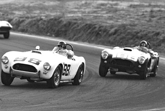 Dave MacDonald races the Carroll Shelby Cobra 260ci to its first ever win at Riverside International Raceway